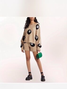 Dressed in LALA the future is now Tan Knit Set with Black & White 8-Ball Motif